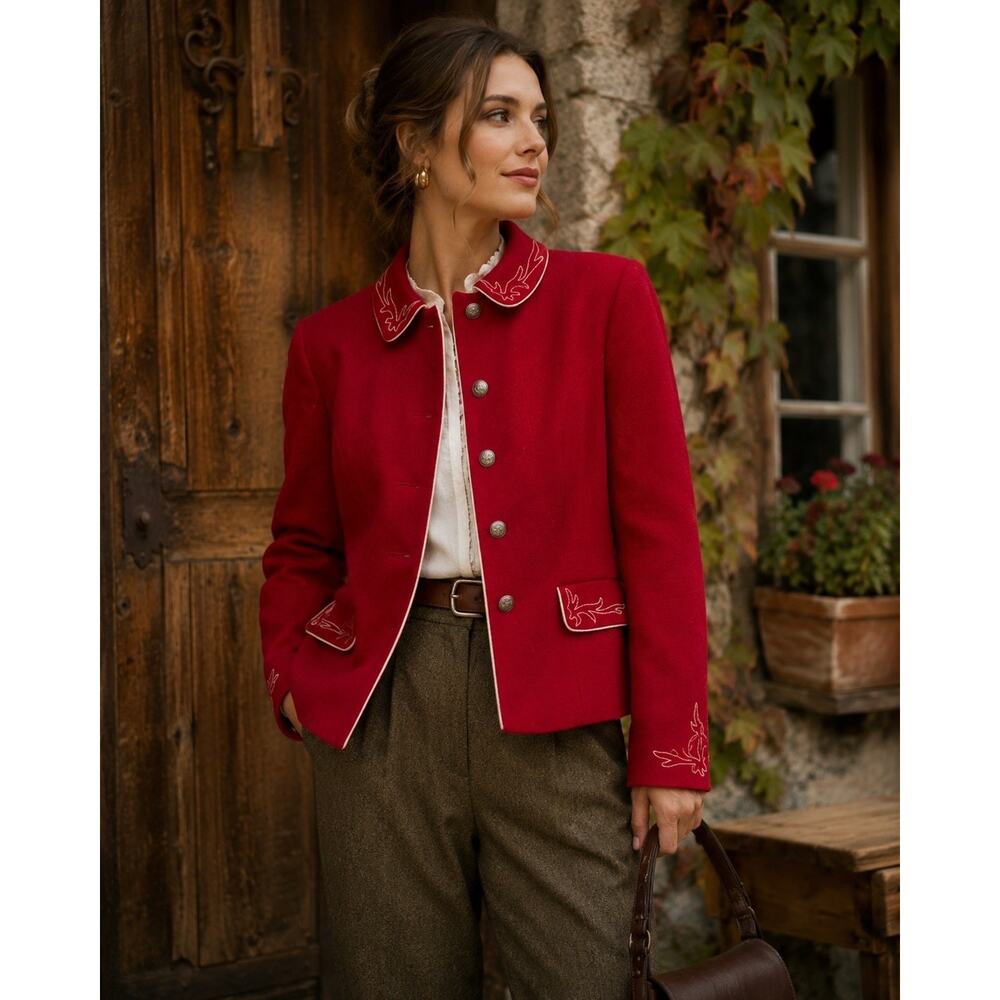 Vintage Wenger Austrian Loden Wool Jacket Red Trachten Boiled Wool EU38